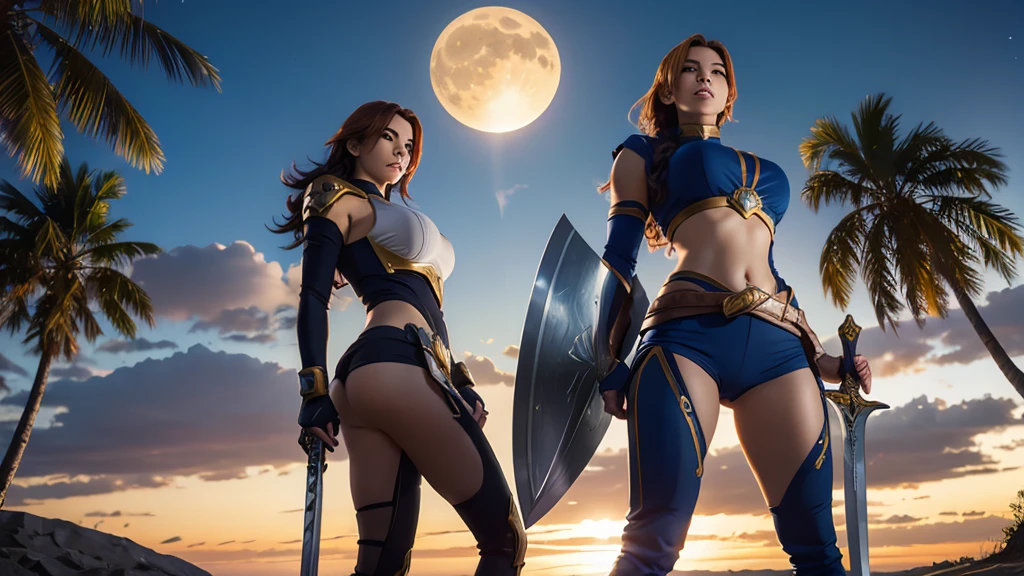 leona, league of legends, realistic, sword and shield, power pose, bottom to top, moon and sun in the background