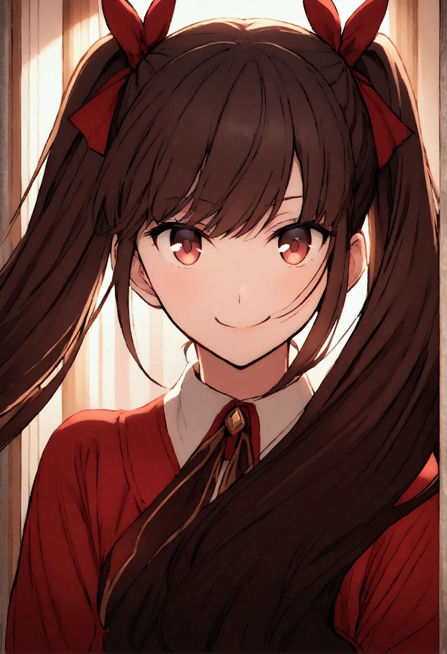 rin tohsaka twintail walking at the hall while facing the viewer and hand at the cheek sweep the hair. smiling to viewer