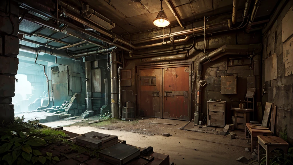 large rusty steel door in cave, fallout shelter style, cave with vegetation, large square-shaped door, bunker entrance, reinforced steel, rusted metal, cave entrance, rocky surroundings, early sci-fi, post-apocalyptic style, industrial rivets, bulkhead door, dim lighting, stone walls, moss-covered rocks, futuristic bunker, solid metal construction, studio lighting, Rembrandt Lighting, rule of thirds composition, detailed objects, cinematic lightning, studio light, sharp focus, logical hands, digital masterpiece, shocking atmosphere, high quality, ultra details