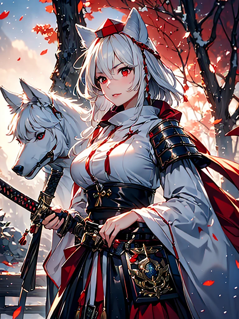 a detailed portrait of inubashiri_momiji_touhou, a girl with animal ears, wolf ears, short white hair, red eyes, wearing a tokin hat, with a wolf tail, blushing, with breasts, wearing medieval armor, Dark blue Scaly breast armor, dark blue skirt, bare legs, katana, (best quality,4k,8k,highres,masterpiece:1.2),ultra-detailed,(realistic,photorealistic,photo-realistic:1.37),highly detailed face, extremely detailed eyes and face, longeyelashes, detailed facial features, intricate armor textures, detailed fur textures, detailed medieval fantasy style, warm color tones, dramatic lighting