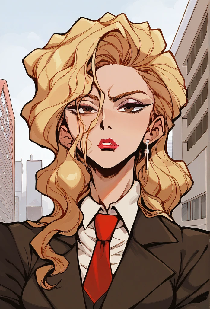 source_anime,  cowboy shot, close-up, 1girl, solo, standing, Madame P, blonde hair, long hair, wavy hair, brown eyes, lipstick, makeup,  skirt suit, three-piece suit, necktie, blazer, waistcoat, double-breasted waistcoat, bodycon pencil skirt, stockings, high heels,earring, red nails, nail polish,
city background, streets, buildings, sky. outdoors, daytime,
 looking at viewer, ecchi, nsfw, uncesored