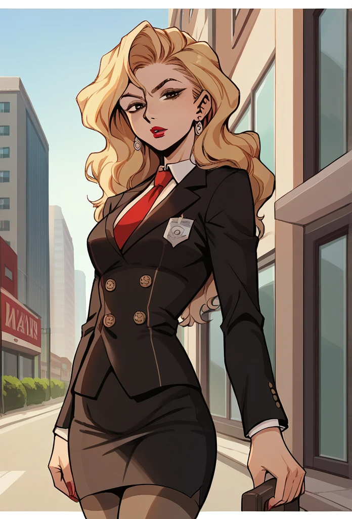 source_anime,  cowboy shot, close-up, 1girl, solo, standing, Madame P, blonde hair, long hair, wavy hair, brown eyes, lipstick, makeup,  skirt suit, three-piece suit, necktie, blazer, waistcoat, double-breasted waistcoat, bodycon pencil skirt, stockings, high heels,earring, red nails, nail polish,
city background, streets, buildings, sky. outdoors, daytime,
 looking at viewer, ecchi, nsfw, uncesored