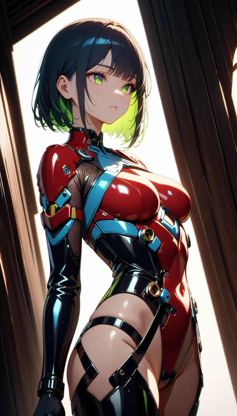 (ninja girl), beautiful girl face, Mechanized left eye lens, body parts are mechanized, torn ninja costume, (finely detailed beautiful eyes: 1.2), shaggy short hair), stylish pose, 
((best quality: 1.2, very detailed, ultra-high resolution, absurdres: 1.3, highres: 1.3, masterpiece: 1.2, top quality, best aesthetic, fine texture, perfect lighting: 1.2, best shadow, sharp focus: 1.3, high contrast, high color saturation)), (anatomically correct, perfect hands: 1.2), (professional photography:1.2), cowboy shot, cinematic lighting, anime style, Dynamic composition, 