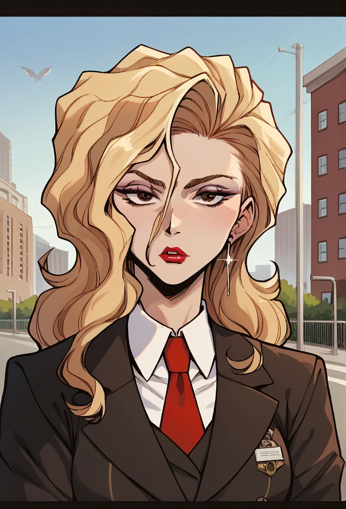 source_anime,  cowboy shot, close-up, 1girl, solo, standing, Madame P, blonde hair, long hair, wavy hair, brown eyes, lipstick, makeup,  skirt suit, three-piece suit, necktie, blazer, waistcoat, double-breasted waistcoat, bodycon pencil skirt, stockings, high heels,earring, red nails, nail polish,
city background, streets, buildings, sky. outdoors, daytime,
 looking at viewer, ecchi, nsfw, uncesored