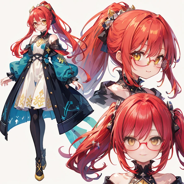 1 girl, (masterpiece, highest quality),(Detailed Hair), Super detailed, Anime Style, whole body ,cute, whole bodyきぐるみ, red hair ponytail、yellow eyes, Digital Painting, 8K High Resolution, whole body, White Background, static pose, static composition, smile, pastel color, crystals, lazy and tired, ((glasses))