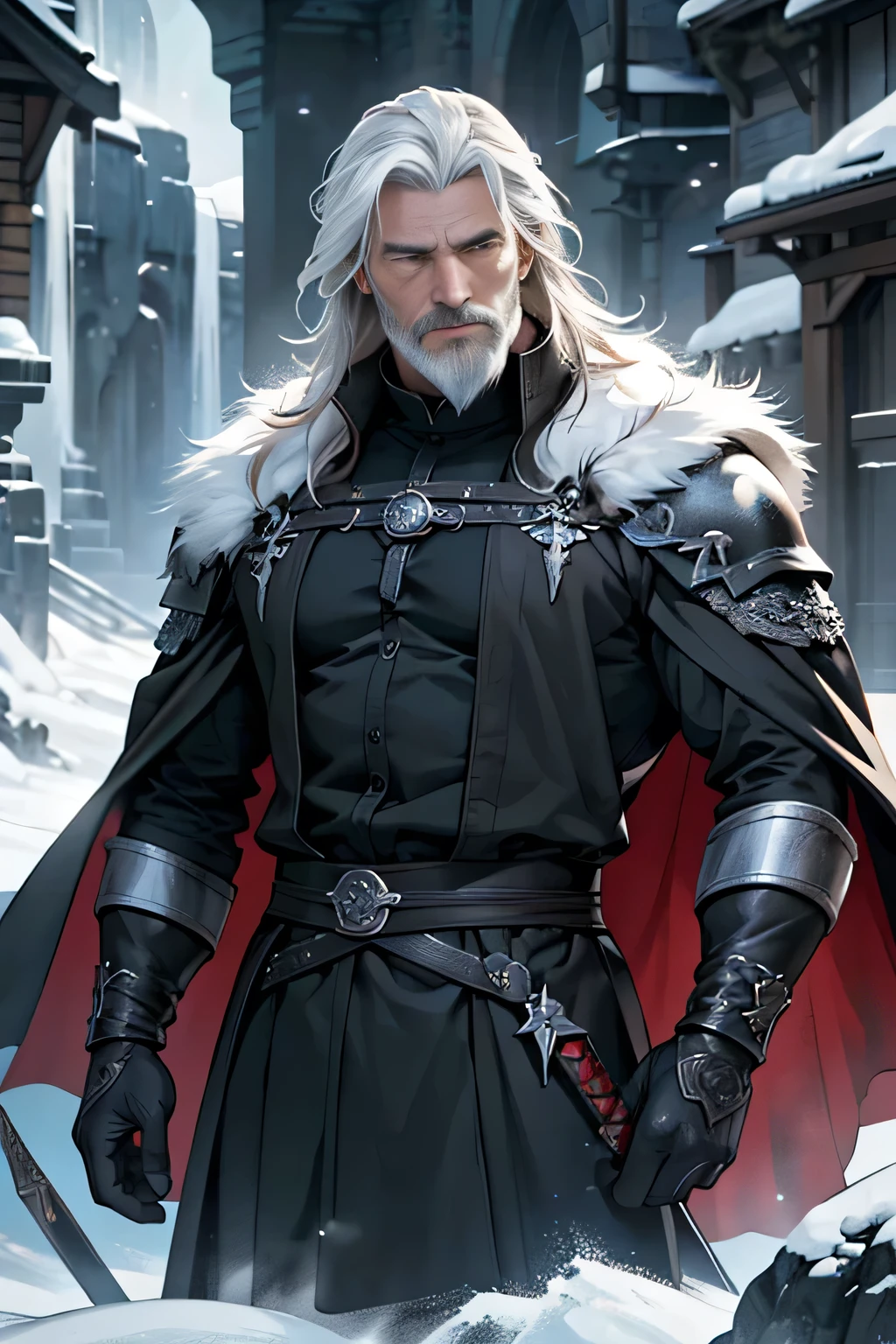 ((Best quality)), ((masterpiece)), ((realistic cartoon)), ((perfect character)):

In this stunning and highly detailed realistic cartoon, we present a Man of the North. The man stands tall, standard Northern aesthetic, but with a few twists, his outfits also include some black, to match the color of the animal fur black cloak he wears. His face is adorned with a medium, white beard, adding to his wise and aged appearance.

With a majestic European greatsword that carries on his back, this man exudes a fearsome warrior aura.

Every element of this masterpiece is carefully designed to create a sense of realism and immersion. The intricacies of the man's clothing, the mesmerizing effects of the area around him and he was in Winterfell, and the level of detail in his weathered face all contribute to a captivating visual experience. This artwork is presented in stunning UHD resolution, allowing you to appreciate every nuance and intricacy in breathtaking detail.

Eye level, scenic, masterpiece.