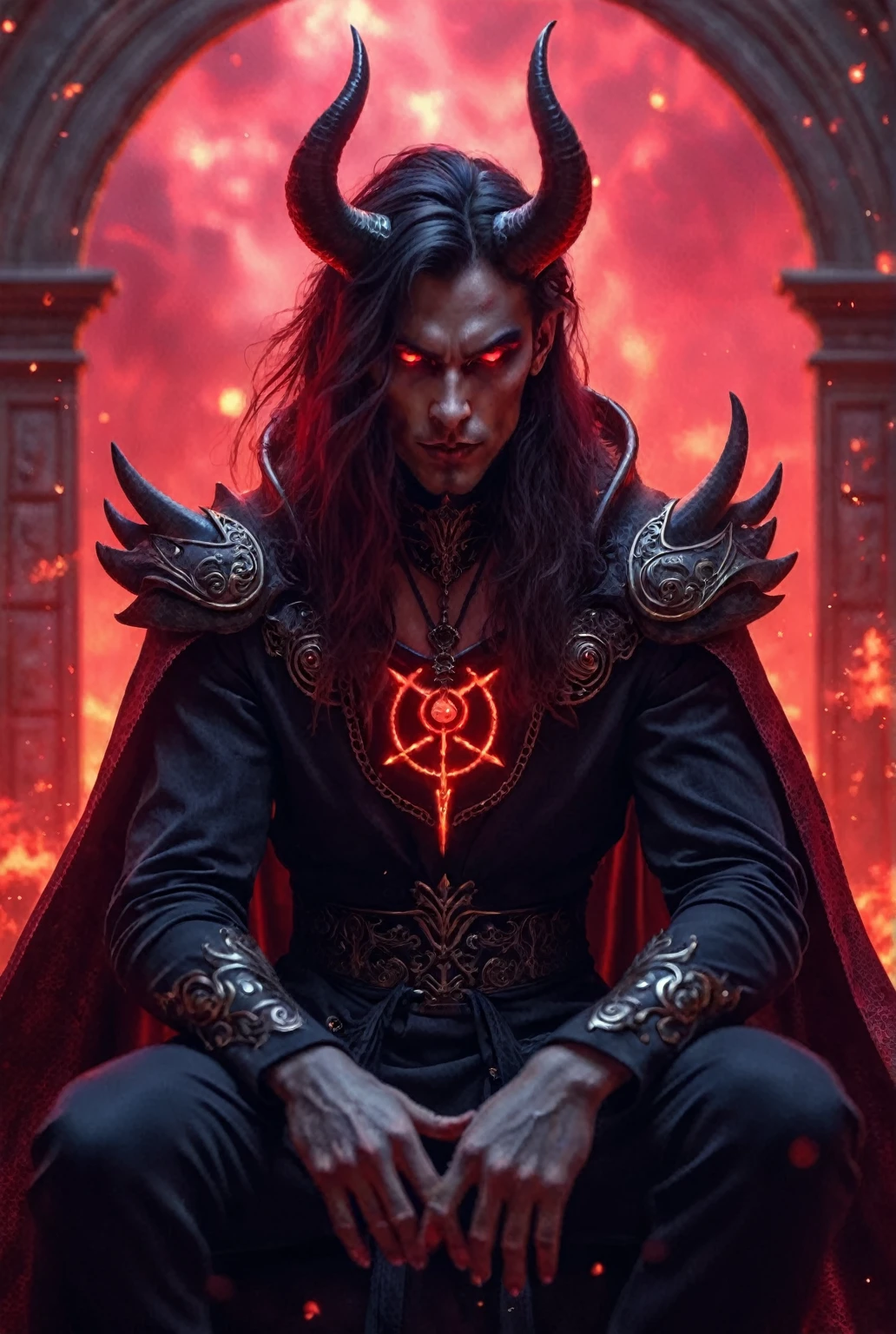 arafed image of a man with horns and a demon's head, Ajuste o male demon with horns brancos, tiefling, he is very threatening and evil, Demon Lord, horns and red eyes, beautiful male god of death, male demon, in style the seated demon, evil sorcerer, Lord of the Ashes, with horns, vampire lord