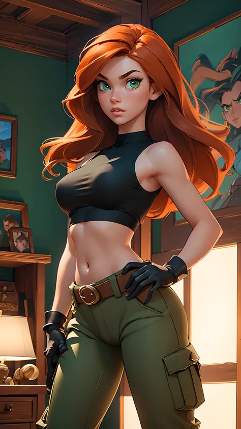 masterpiece, raw, beautiful art, professional artist, 8k, very detailed face, very detailed hair, 1girl, kim possible, wearing (...