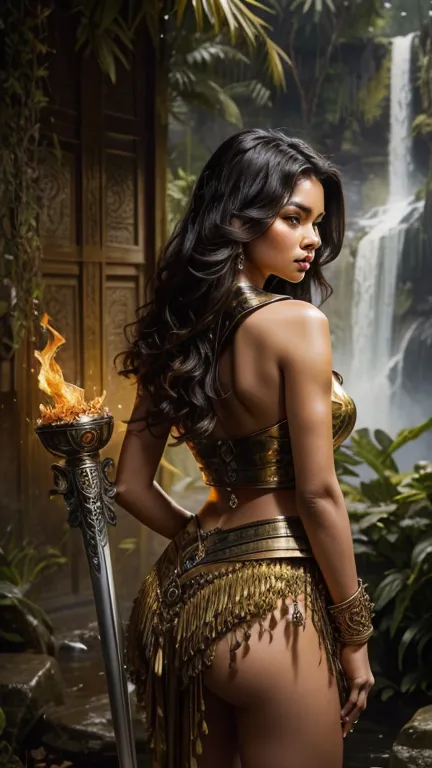 a cinematic photo of a beautiful javanese female warrior, with long, luscious black hair cascading down her back like a waterfal...