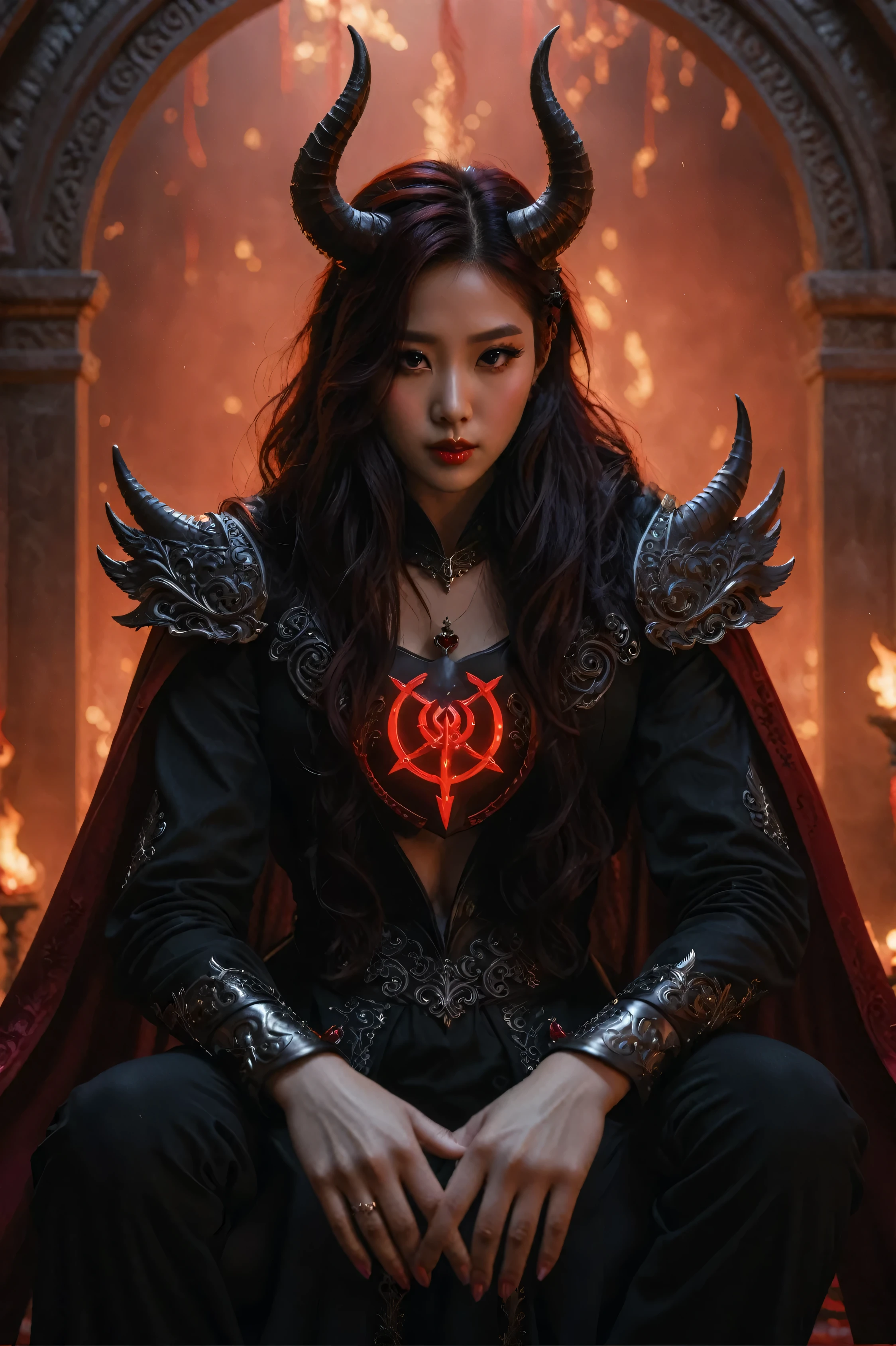 a woman with red hair in a black dress with horns and a red heart, Park Shin Hye como um supervilão, iu lee ji-eun as a supervillain, beautiful and elegant demon queen, The villain has black angel wings, white horned queen demon, together | Mediovale, Mahira Khan as an advertisement&d mage, queen of hell, diablo 4 queen