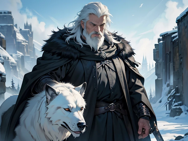 ((Best quality)), ((masterpiece)), ((realistic cartoon)), ((perfect character)):

In this stunning and highly detailed realistic cartoon, we present a Man of the North. The man stands tall, standard Northern aesthetic, but with a few twists, his outfits also include some black, to match the color of the animal fur black cloak he wears. His face is adorned with a medium, white beard, adding to his wise and aged appearance.

With a majestic European greatsword that carries on his back and a black Direwolf beside him, this man exudes a fearsome warrior aura.

Every element of this masterpiece is carefully designed to create a sense of realism and immersion. The intricacies of the man's clothing, the mesmerizing effects of the area around him and he was in Winterfell, and the level of detail in his weathered face all contribute to a captivating visual experience. This artwork is presented in stunning UHD resolution, allowing you to appreciate every nuance and intricacy in breathtaking detail.

Eye level, scenic, masterpiece.