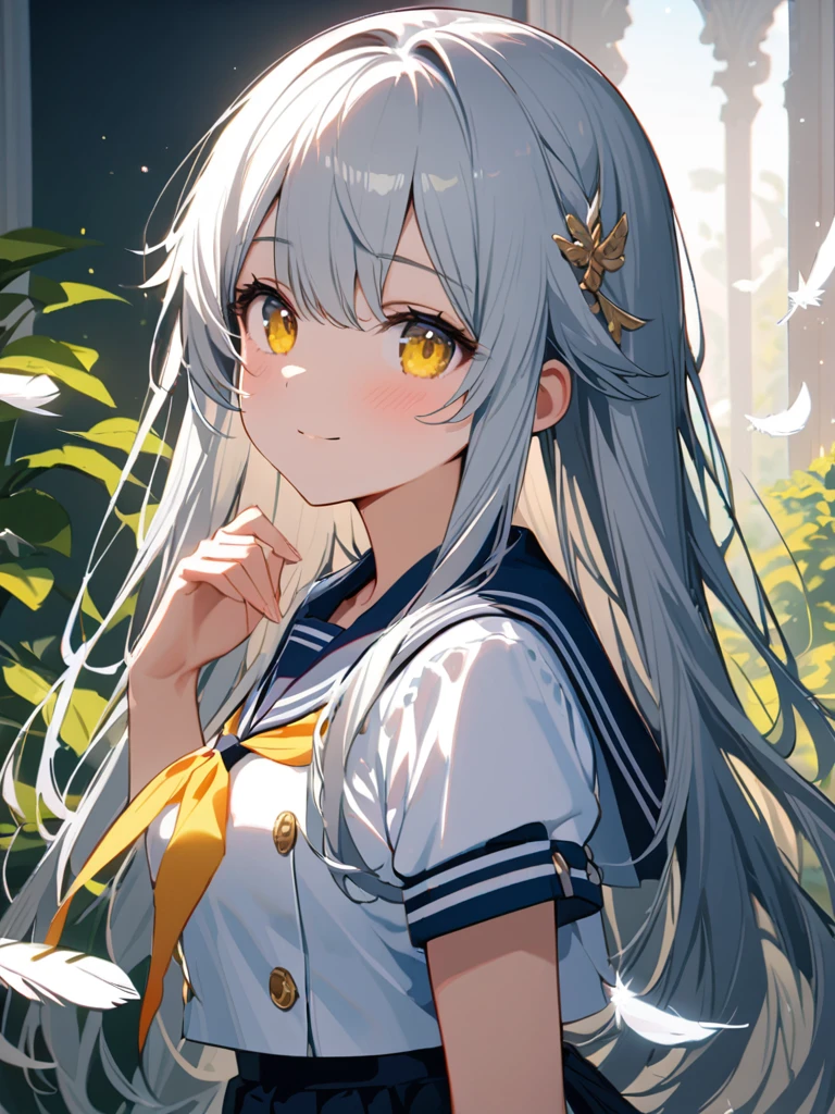 8K resolution, ((highest quality)), ((masterpiece)), ((Super detailed)), (And yet delicate and beautiful), and a girl, alone, gentle expression, She and(relax)and(Calm)outer,gray haired, written boundary depth, bright smile, bright yellow eyes, bright white hair, beautiful background, Long Hair - Linear Art, black skirt, White uniform like a sailor suit, angel, angelの白い翼, White feathers flutter, Eyes that shine like amber, upper grade, wonderful eyes, Upper body