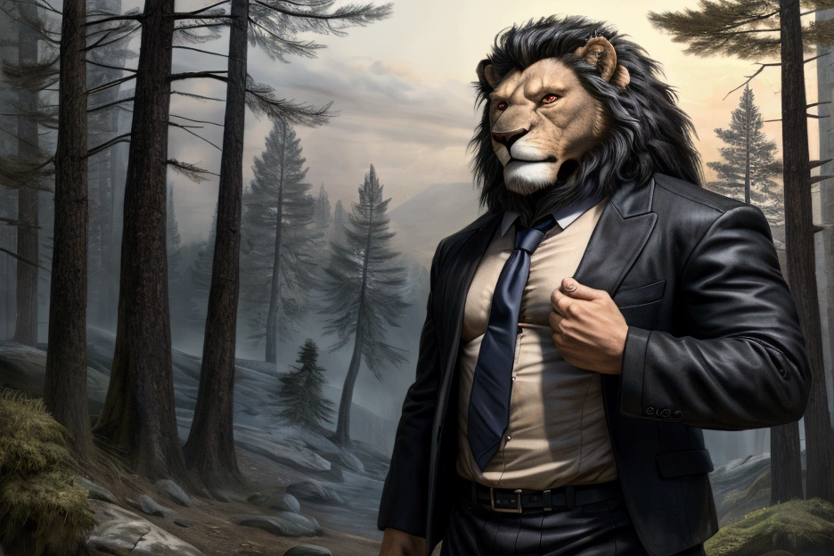 a man with the head of a lion, blue and white checkered jacket, black mane, red eyes, beige pants, angry expression, highly detailed, 4k, photorealistic, dramatic lighting, oil painting, masterpiece Background scenery, forest 