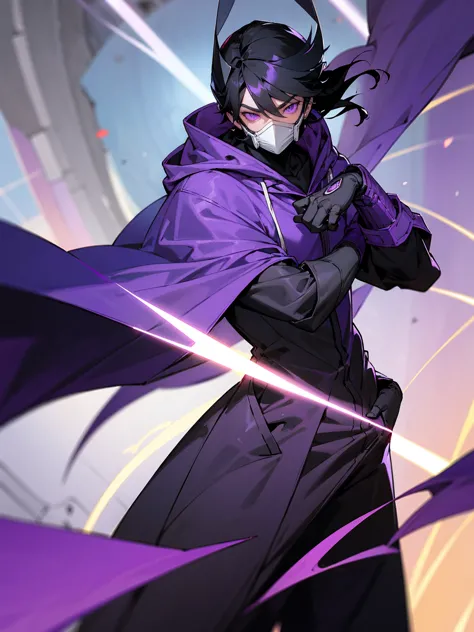 1male, black hair, purple visor, purple eyes, cape, hood over head, full robot mask, purple speed suit, facing viewer, road, cit...