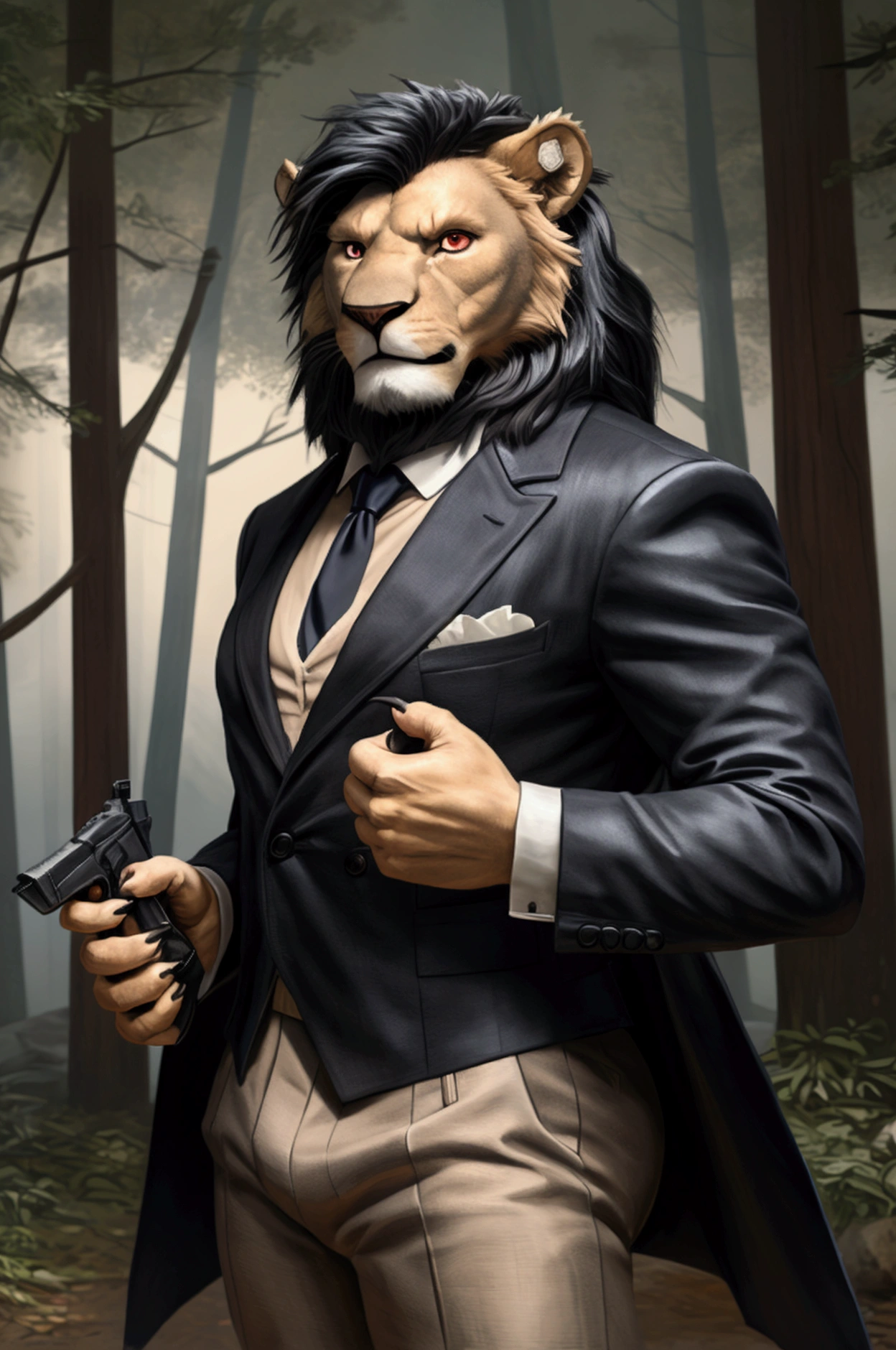 a man with the head of a lion, blue and white checkered jacket, black mane, red eyes, beige pants, angry expression, highly detailed, 4k, photorealistic, dramatic lighting, oil painting, masterpiece Background scenery, forest  (Same as the picture) Blue checkered jacket with sharp claws Sharp teeth , Pose of elegance Holding a black pistol in his hand. 