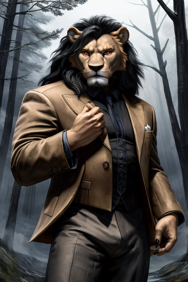 a man with the head of a lion, blue and white checkered jacket, black mane, red eyes, beige pants, angry expression, highly detailed, 4k, photorealistic, dramatic lighting, oil painting, masterpiece Background scenery, forest  (Same as the picture) Blue checkered jacket with sharp claws Sharp teeth , Pose of elegance Holding a black pistol in his hand. 