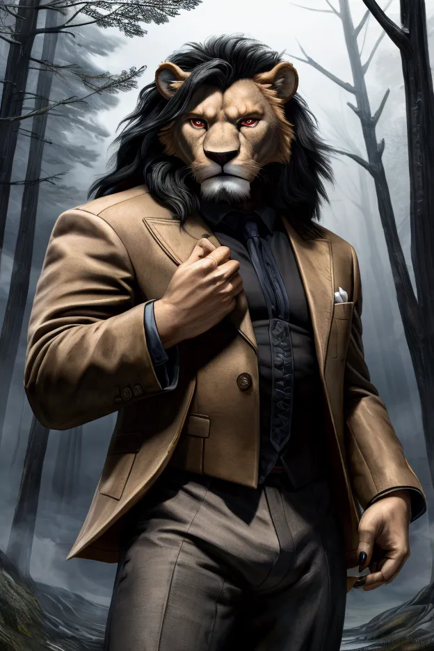 a man with the head of a lion, blue and white checkered jacket, black mane, red eyes, beige pants, angry expression, highly deta...