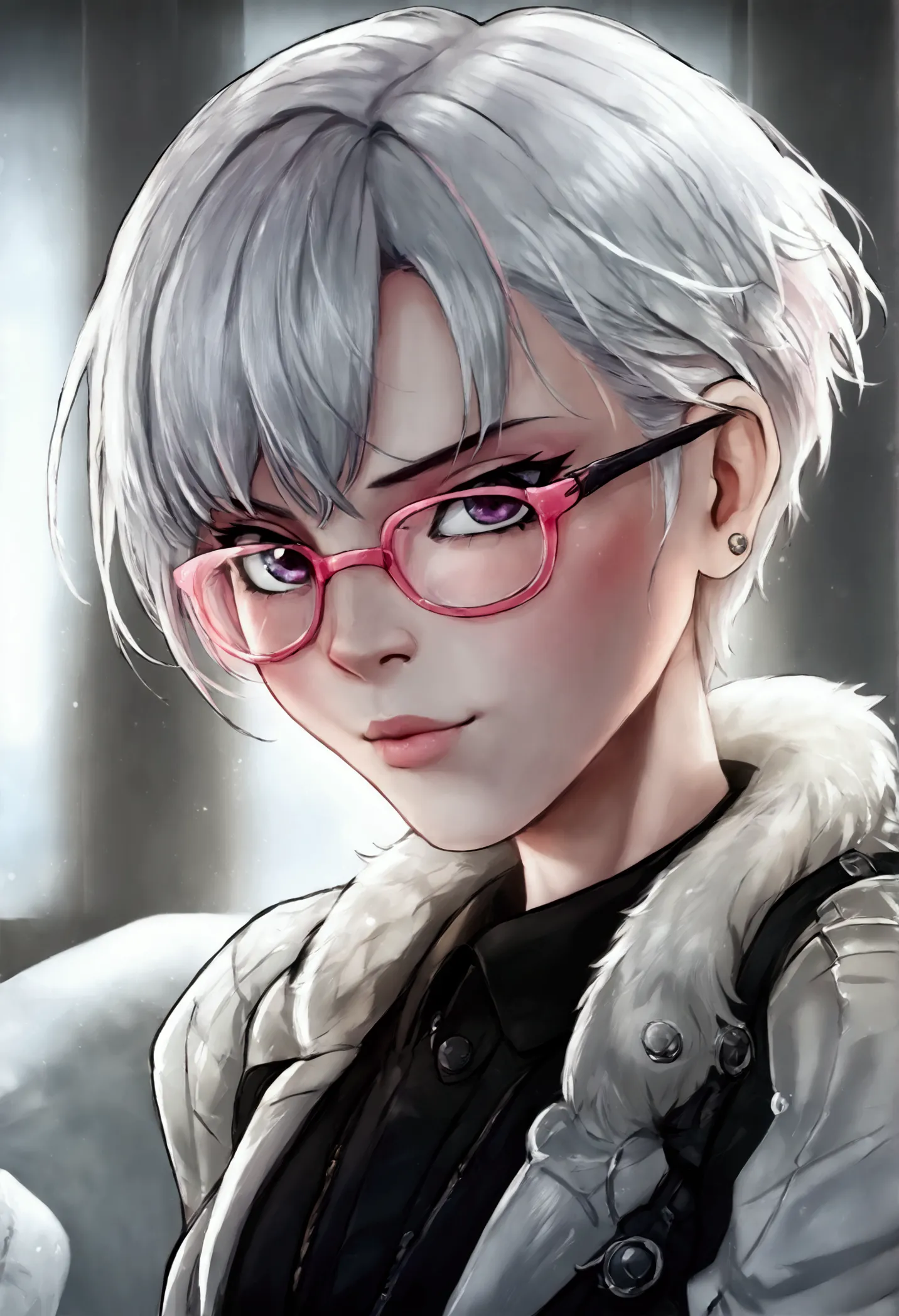 (best quality)) ((best detail)) ((high quality background)) white short hair, white pale skin, pink glasses with black frames, ,...