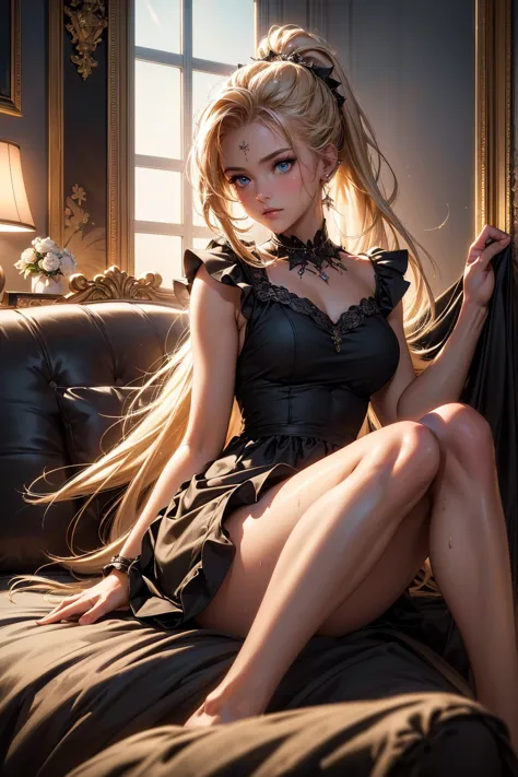 girl,detailed background, atmospheric, hair floating in the wind,, golden blonde hair in ponytail, full body image, wearing a sk...