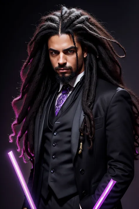 black background, in the center a prominent chin and brutish features man character with long afro black dreadlock hair, soft st...