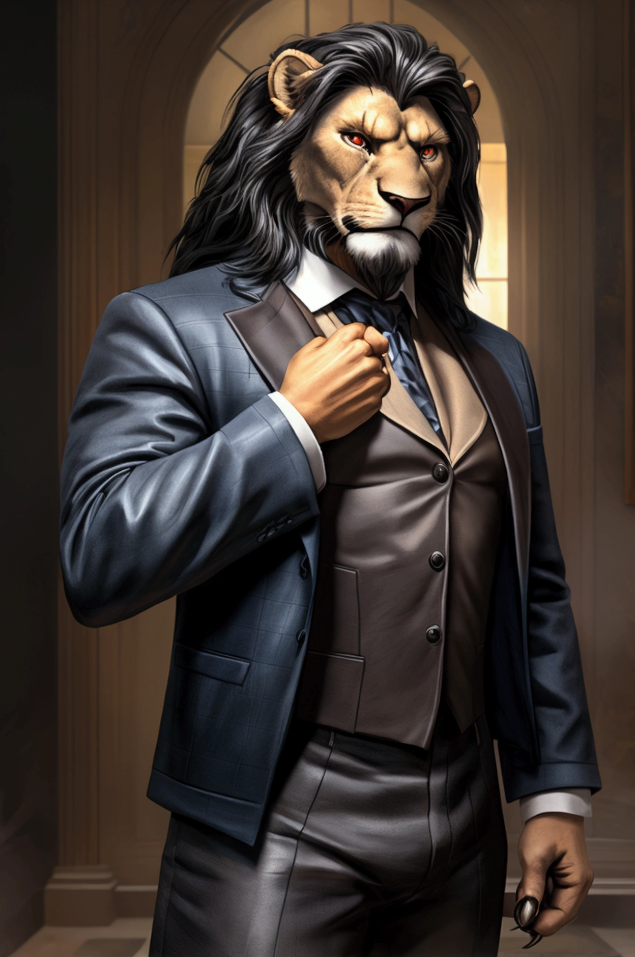 a man with the head of a lion, blue and white checkered jacket, black mane, red eyes, beige pants, angry expression, highly detailed, 4k, photorealistic, dramatic lighting, oil painting, masterpiece Background scenery, forest  (Same as the picture)(A thin jacket is not a suit jacket,  Blue checkered jacket) with sharp claws Sharp teeth , Pose of elegance Holding a black pistol in his hand ,(black mane with light brown) [the image must be generated equal to the prompt image]