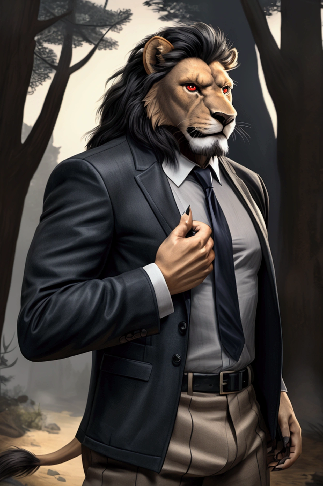 a man with the head of a lion, blue and white checkered jacket, black mane, red eyes, beige pants, angry expression, highly detailed, 4k, photorealistic, dramatic lighting, oil painting, masterpiece Background scenery, forest  (Same as the picture)(A thin jacket is not a suit jacket,  Blue checkered jacket) with sharp claws Sharp teeth , Pose of elegance Holding a black pistol in his hand ,(black mane with light brown) [the image must be generated equal to the prompt image]