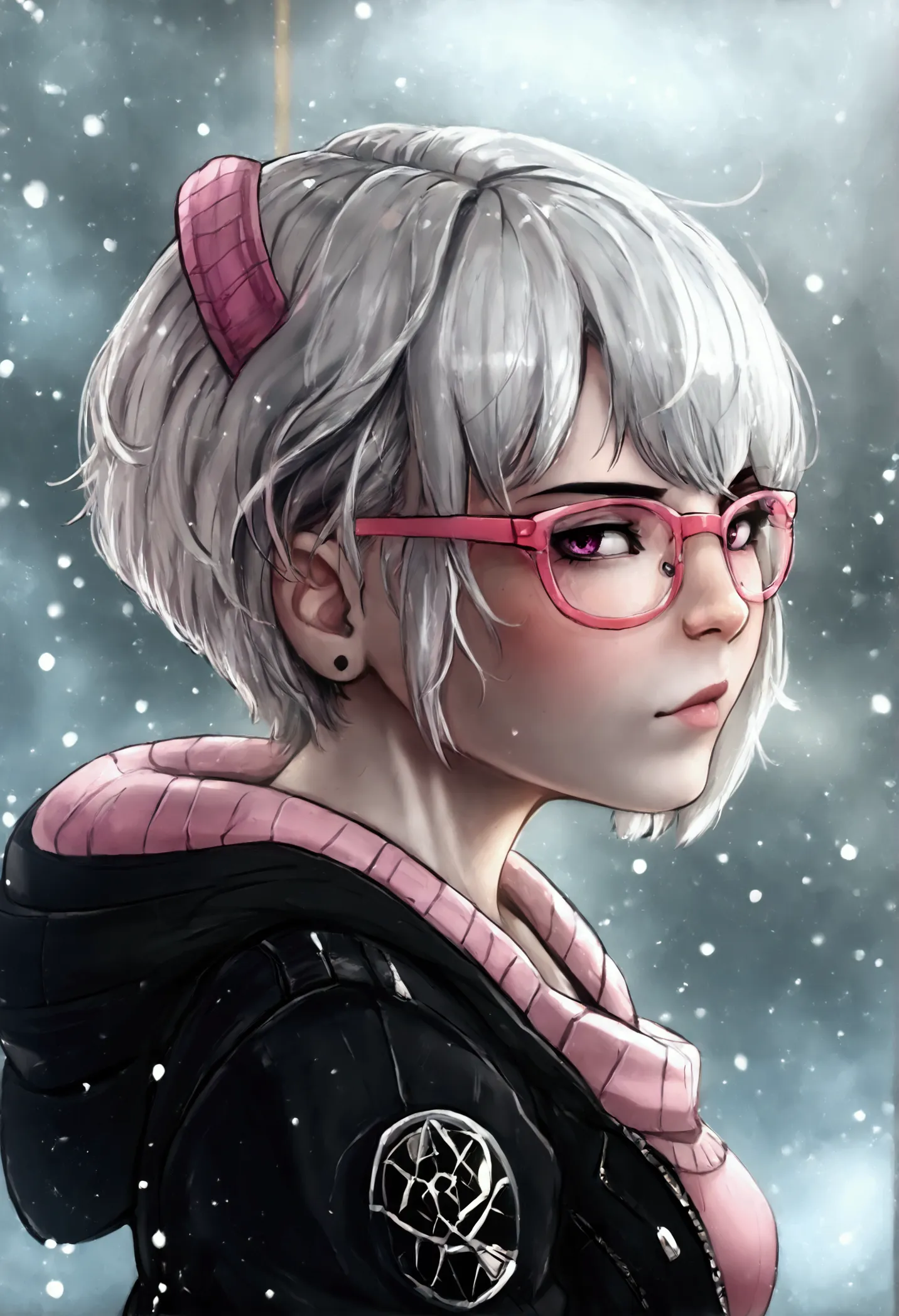 (best quality)) ((best detail)) ((high quality background)) white short hair, white pale skin, pink glasses with black frames, ,...