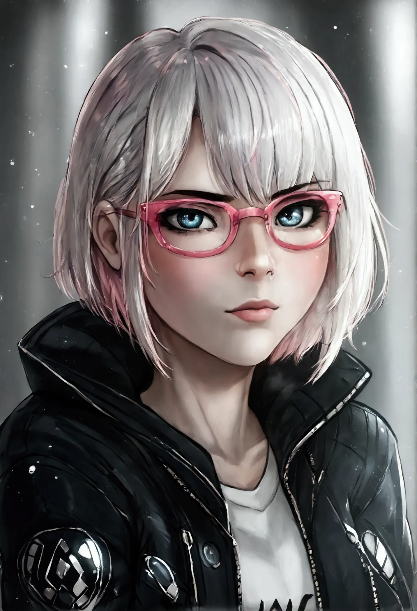 (best quality)) ((best detail)) ((high quality background)) white short hair, white pale skin, pink glasses with black frames, ,...