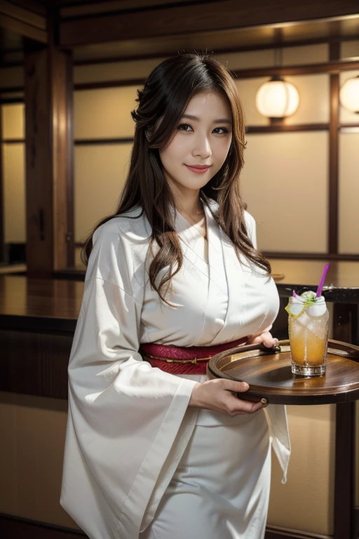 (Consciousness upward), (High resolution), (8k), (Very detailed), (The best Consciousness upward ), (Highest quality), (Very detailed), (masterpiece), ((Curvaceous physique)),(cowboy shot), employee of Japanese bar, a working  beautiful woman, ((serving  drink  on a thin and round tray:1.4)), She is inside the open kitchen of  Japanese style bar called "izakaya", from above, (bobbed hair:1.3), wearing  a Kimono. around 28years old. ((A gentle smile filled with love)),