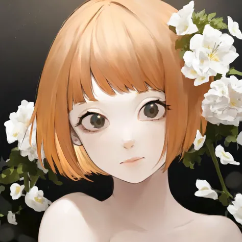 ticker, girl, short hair with bangs, golden hair, she winks, in her hands she has a flower