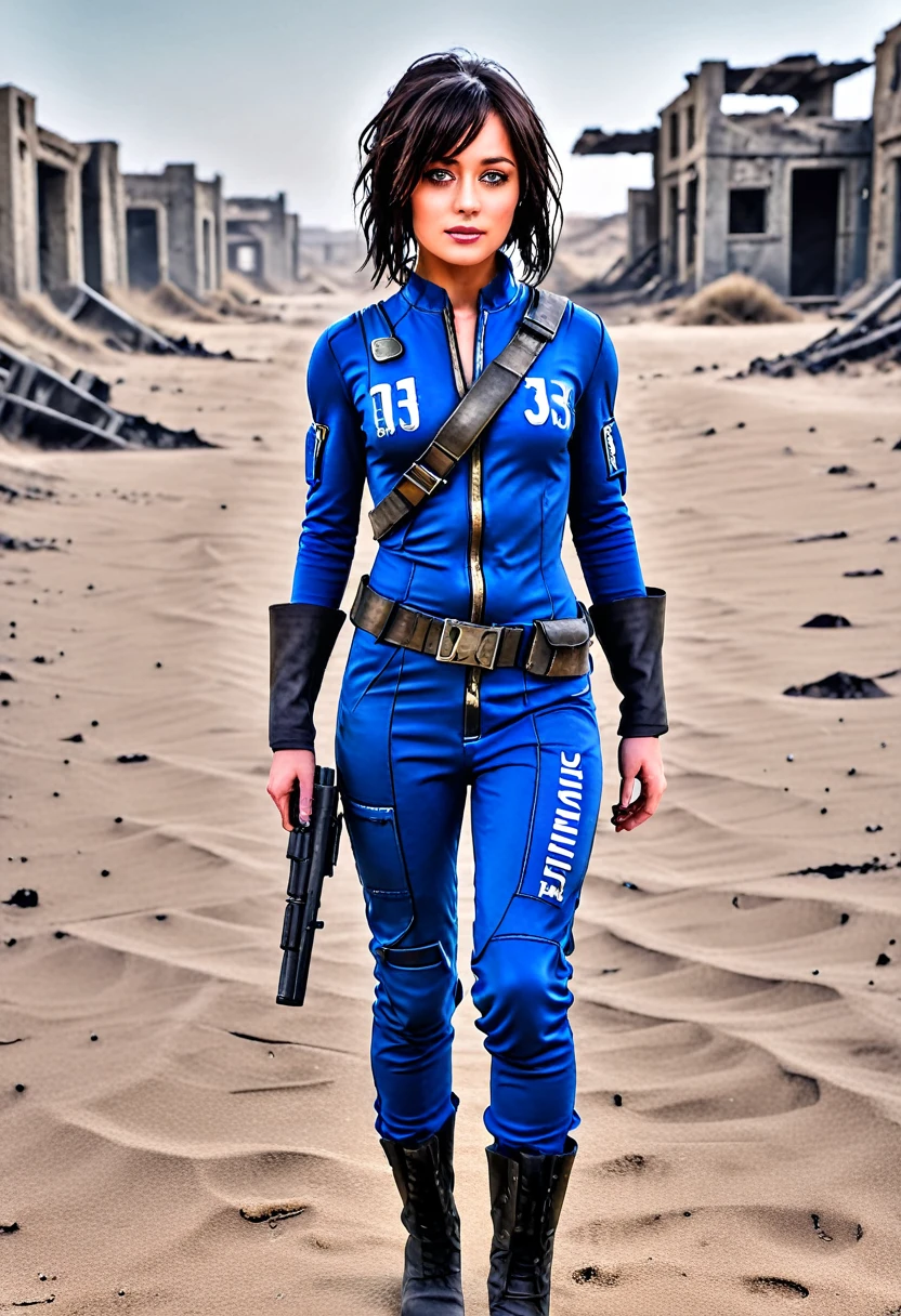 1 girl, Ella Purnell as Vault Resident 33 (Fallout), black hair,muscular,walks along the postosha,endless desolations,Ruins of Houses,covered with sand,scorching sun, close photo of a girl, close-up,photorealism,2k render,sexsy,20yo,dirty and torn blue overalls with the inscription 33 (futuristic blue jumpsuit, future, Voltek Vault Resident Uniform), shelter resident 33,pistol on the belt,post apocalypse,