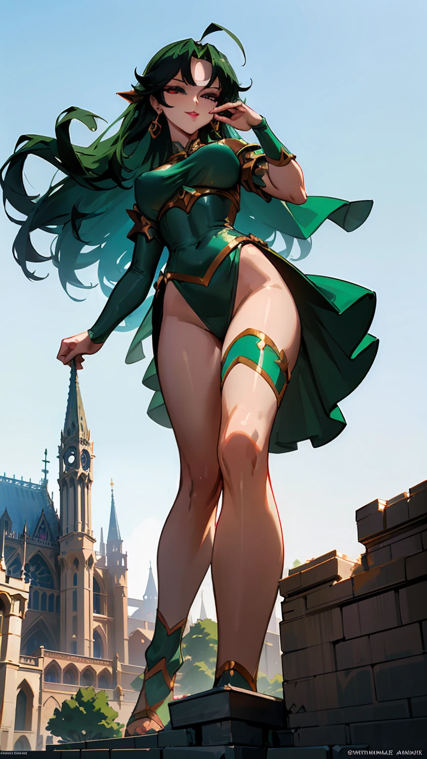 Giantess ((Esmeralda from The Hunchback of Notre Dame (Anime adaptation)) kind-hearted yet fierce (masterpiece best quality) warm smile, eyes filled with compassion (real picture intricate details) (1 lady solo tall and curvaceous figure) long black hair, green eyes (tight gypsy outfit, emphasizing her sensual yet strong presence) standing over a tiny soldier, her hand raised in defiance, the overwhelming power in her stance making him hesitate. She feels a deep sense of justice, her strength filling her with a righteous thrill. Background: Vibrant marketplace, the air filled with the scent of spices and the sounds of lively trade.

