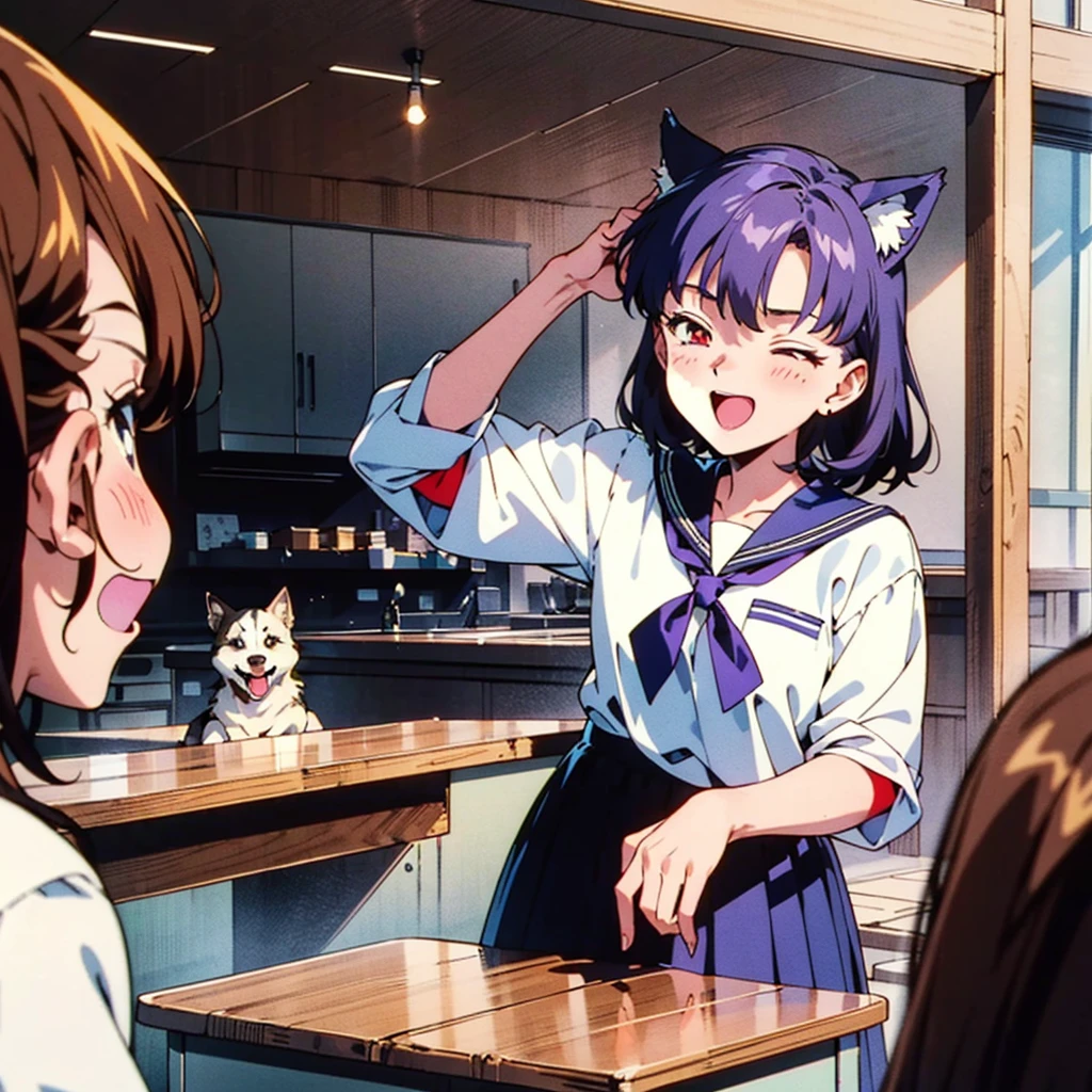 a girl with japanese school uniform, Elementary school student, big smile, close eyes, purple wolf cut hair, with purple wolf ears, red eyes, with canine teeth

EPTakeuchiNaokoStyle, 1990s \(style\), anime screencap, retro artstyle, anime coloring, traditional media