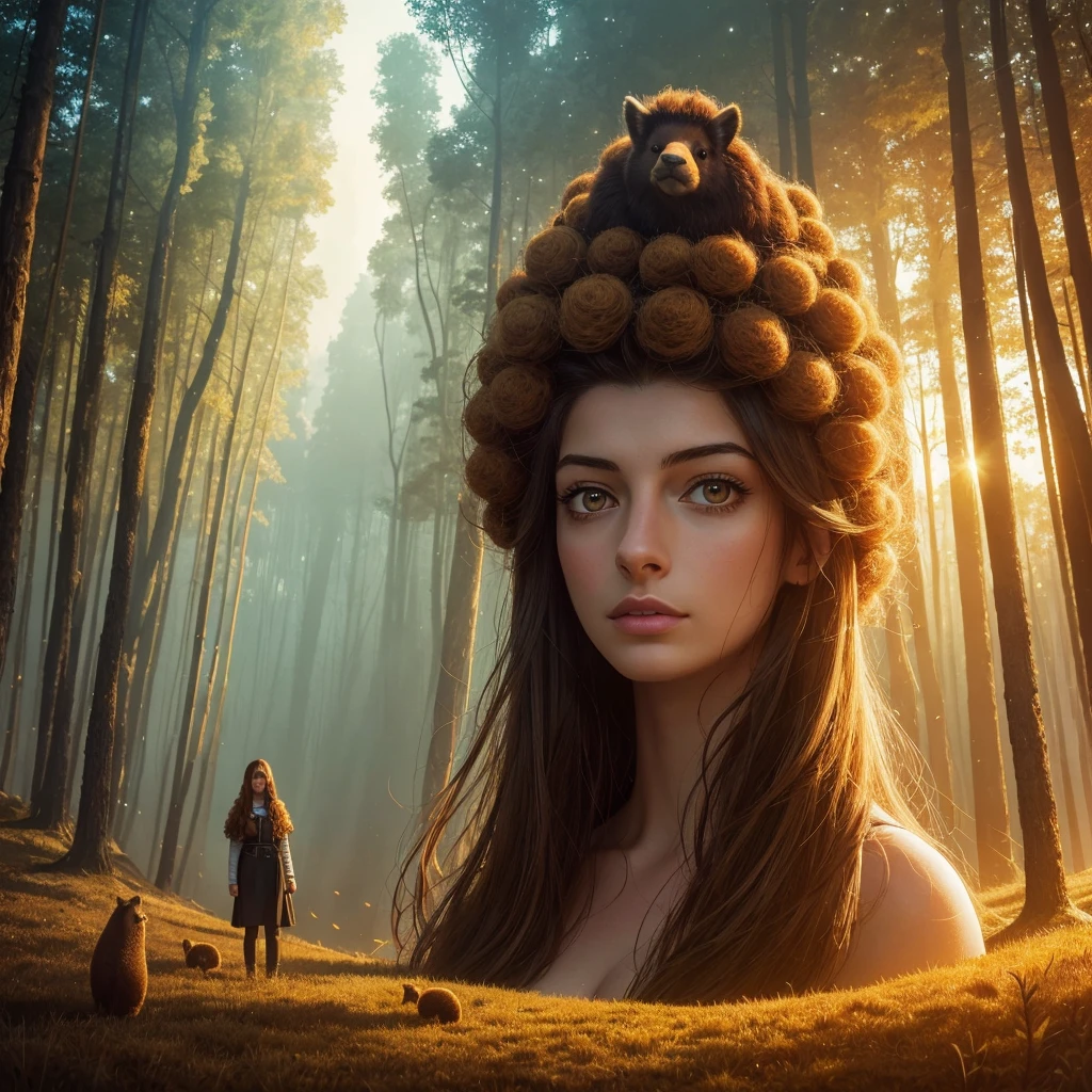 golden hour, paranormal activities, surreal illustration of a gigantic head of a beautiful young woman with face of Janina Porazińska morphed with Anne Hathaway with gigantic hairdo made of alpaca hedgehog and other animals, a colorful cyber forrest with weird trees,  color pencil art in cyberpunk style of zdzisław beksiński