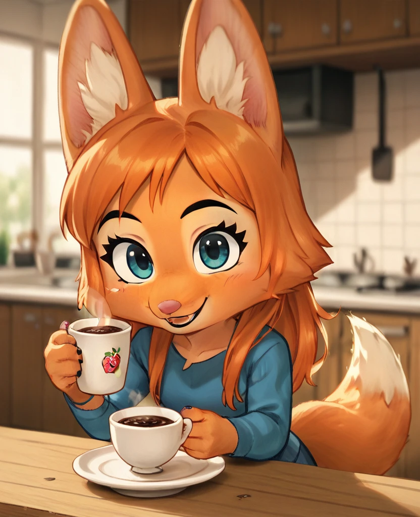 little fox, kid girl fox, little kid, ginger fur, long hair, ginger hair, blue eyes, dusty-pink nose, fox tail, fox ears, face similar of Diane Foxington, kid, cute, wearing a pink pijama, cute pijama, on the kitchen, siting on chair in front of a table, a plate with strawberry cake, holding a cup with coffee, chibi, alone, ginger hair, tied hair, smile, chibi, cute girl, alone