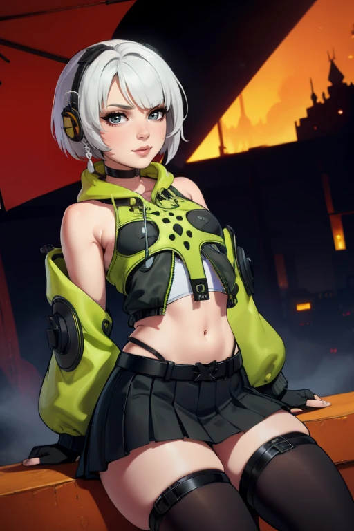 Anby style, 8k, hdr, ureal engine, ultra quality, sitting,  anbydemara, anby demara, (orange eyes:1.5), short hair, white hair,
BREAK bare shoulders, black gloves, black skirt, black thighhighs, fingerless gloves, gloves, green jacket, headphones, jacket, navel, skirt, stomach, thighhighs,golden earrings, cute, full body