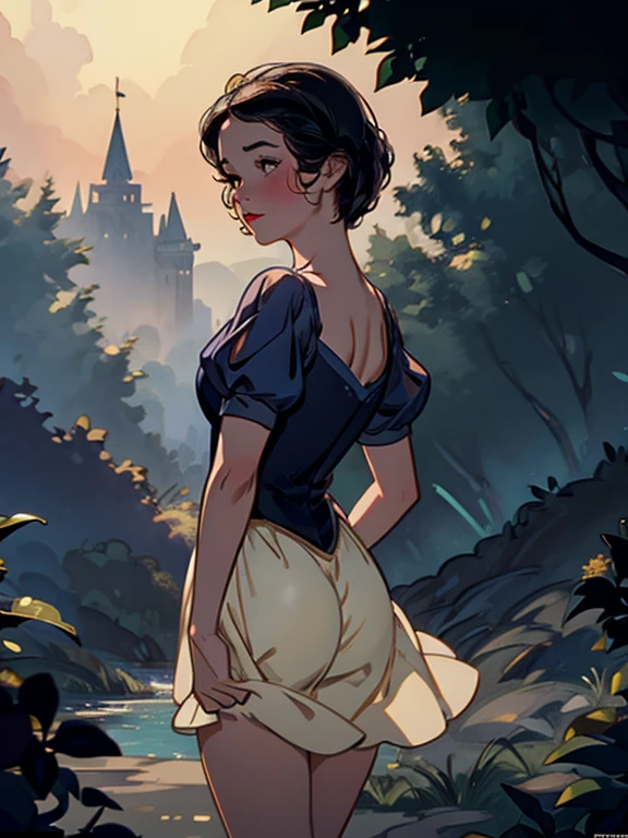 disney snow white, lifting her skirt up, showing her naked ass, vagina,view from behind, detailed facial features, long eyelashes, rosy cheeks, short hair, dark blue dress(White collar, puffy sleeves), long yellow skirt, colorful fairytale forest background, golden light, cinematic composition, photorealistic, 8k, highly detailed, masterpiece, volumetric lighting, dramatic lighting