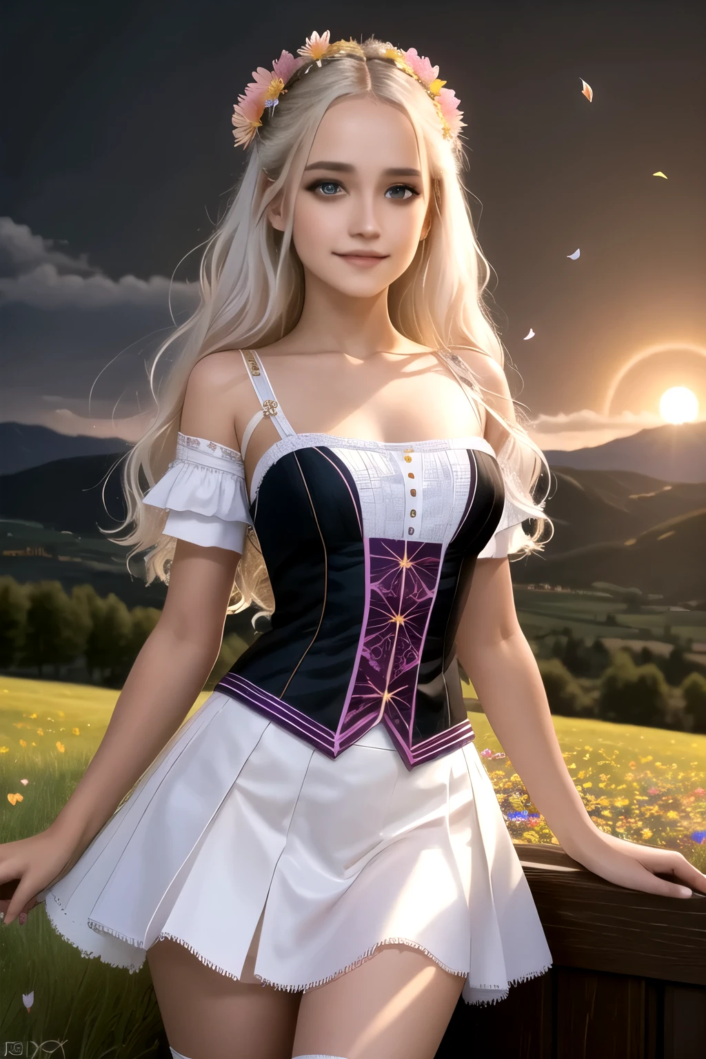 masterpiece, best quality, 1girl, (colorful),(finely detailed beautiful eyes and detailed face),cinematic lighting,bust shot,extremely detailed CG unity 8k wallpaper,white hair,solo,smile,intricate skirt,((flying petal)),(Flowery meadow) sky, cloudy_sky, building, moonlight, moon, night, (dark theme:1.3), light, fantasy,
