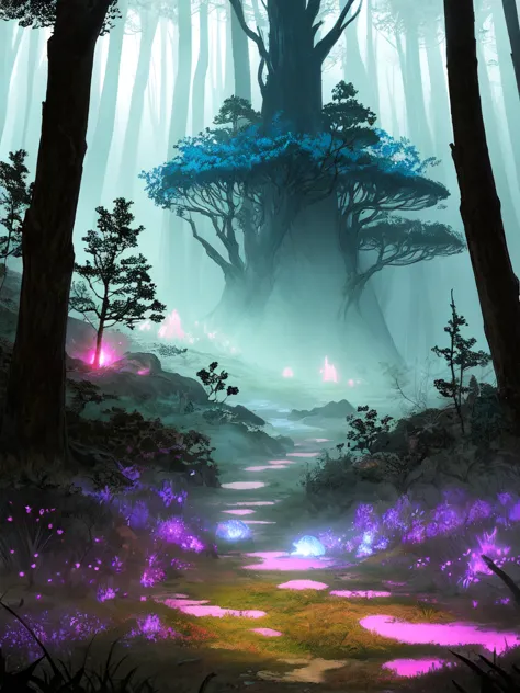 neon-lit forest, dark fantasy landscape, vibrant neon lights, shadowy trees, glowing mushrooms, illuminated pathways, swirling m...