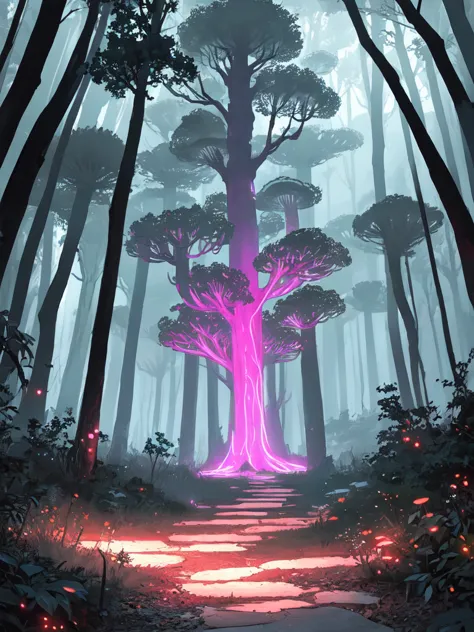 neon-lit forest, dark fantasy landscape, vibrant neon lights, shadowy trees, glowing mushrooms, illuminated pathways, swirling m...