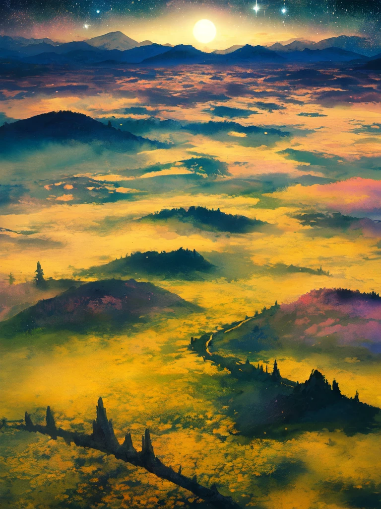 Celestial meadow, fantasy landscape, ethereal watercolor style, vast open meadow, swirling nebulae, distant galaxies, delicate wildflowers, glowing softly, moonlight, floating islands, hovering horizon, cool blues, purples, golden hues, tranquil ambiance, otherworldly scene, dreamy mood, expansive scenery
