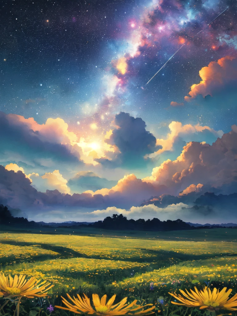 Celestial meadow, fantasy landscape, ethereal watercolor style, vast open meadow, swirling nebulae, distant galaxies, delicate wildflowers, glowing softly, moonlight, floating islands, hovering horizon, cool blues, purples, golden hues, tranquil ambiance, otherworldly scene, dreamy mood, expansive scenery
