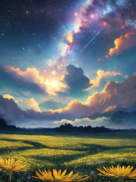 celestial meadow, fantasy landscape, ethereal watercolor style, vast open meadow, swirling nebulae, distant galaxies, delicate w...