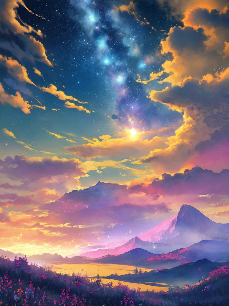 Celestial meadow, fantasy landscape, ethereal watercolor style, vast open meadow, swirling nebulae, distant galaxies, delicate wildflowers, glowing softly, moonlight, floating islands, hovering horizon, cool blues, purples, golden hues, tranquil ambiance, otherworldly scene, dreamy mood, expansive scenery
