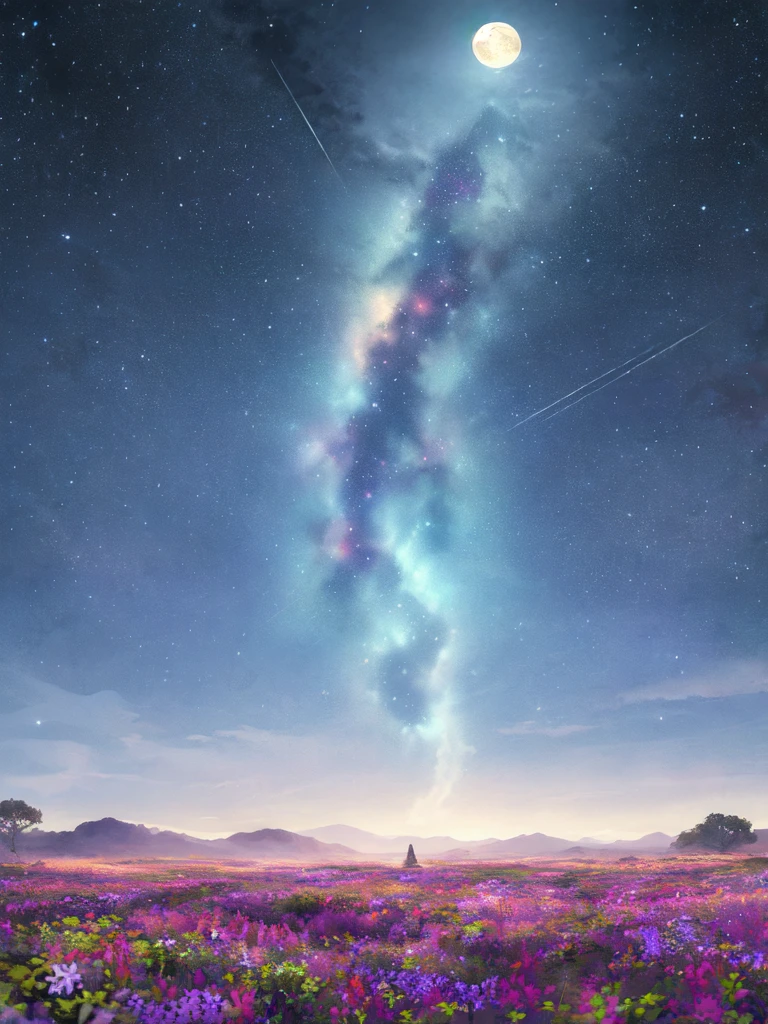 Celestial meadow, fantasy landscape, ethereal watercolor style, vast open meadow, swirling nebulae, distant galaxies, delicate wildflowers, glowing softly, moonlight, floating islands, hovering horizon, cool blues, purples, golden hues, tranquil ambiance, otherworldly scene, dreamy mood, expansive scenery
