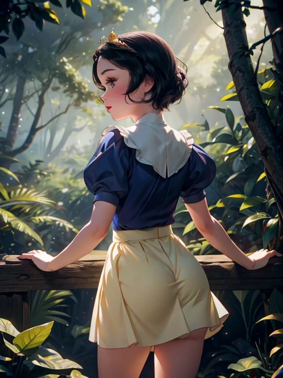 disney snow white, lifting her skirt up, showing her naked ass, vagina,view from behind, detailed facial features, long eyelashes, rosy cheeks, short hair, dark blue dress(White collar, puffy sleeves), long yellow skirt, colorful fairytale forest background, golden light, cinematic composition, photorealistic, 8k, highly detailed, masterpiece, volumetric lighting, dramatic lighting