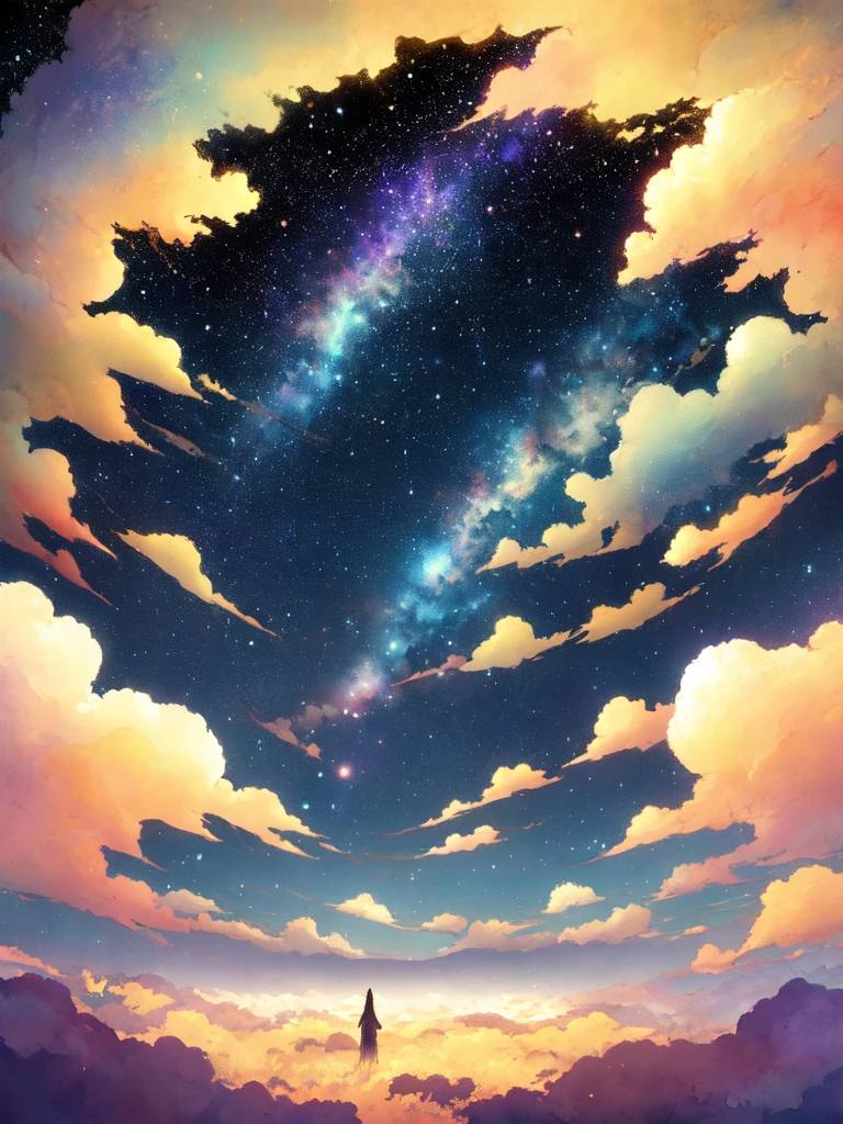 Celestial meadow, fantasy landscape, ethereal watercolor style, vast open meadow, swirling nebulae, distant galaxies, delicate wildflowers, glowing softly, moonlight, floating islands, hovering horizon, cool blues, purples, golden hues, tranquil ambiance, otherworldly scene, dreamy mood, expansive scenery
