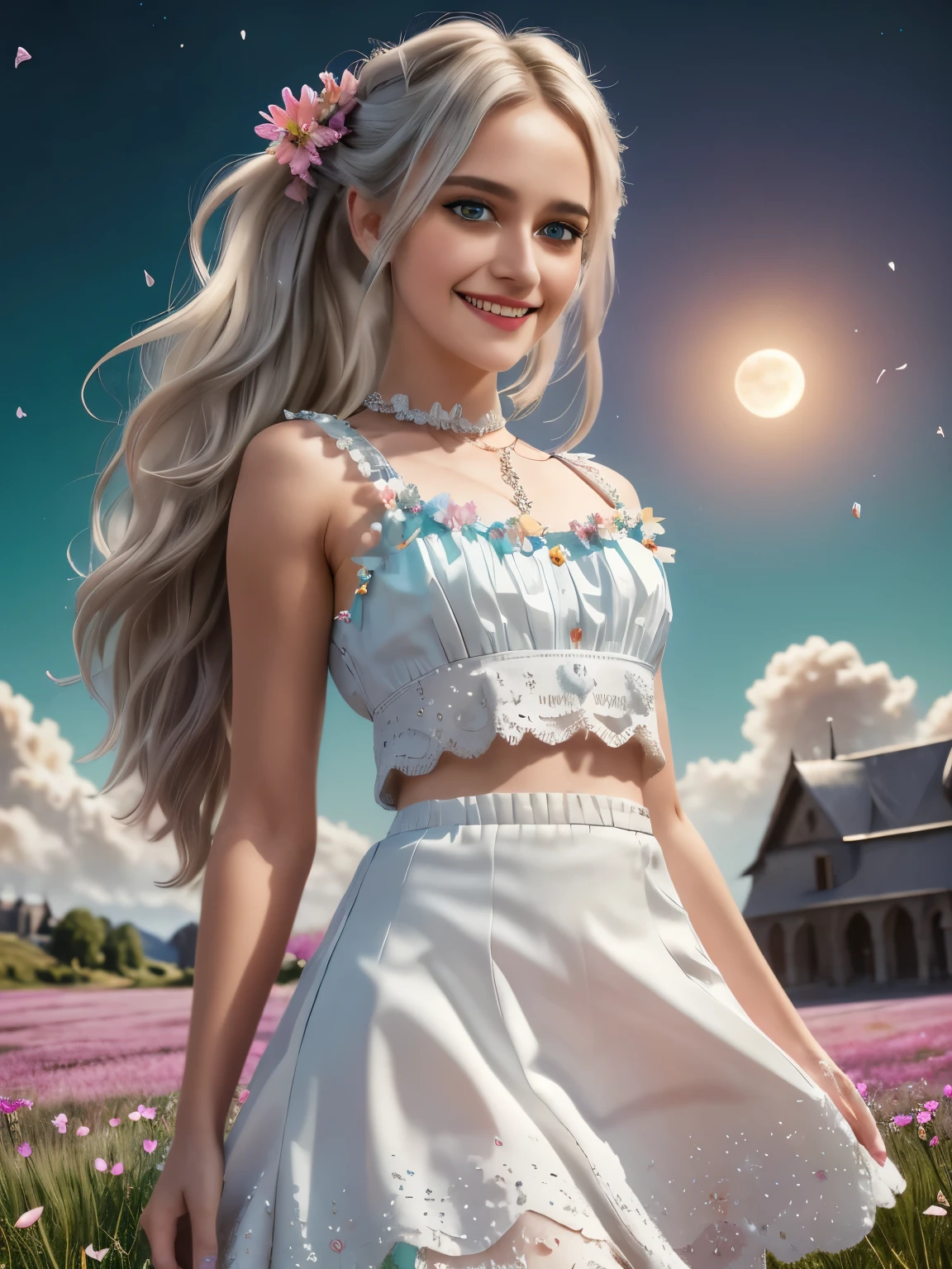 masterpiece, best quality, 1girl, (colorful),(finely detailed beautiful eyes and detailed face),cinematic lighting,bust shot,extremely detailed CG unity 8k wallpaper,white hair,solo,smile,intricate skirt,((flying petal)),(Flowery meadow) sky, cloudy_sky, building, moonlight, moon, night, (dark theme:1.3), light, fantasy,
