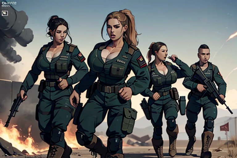 group of female soldiers on the battlefield during a firefight, war photography, (cinematic lighting:1.1), highest quality, photo of (group of fully dressed really tanned 20yo sexy muscular female army special forces with taut clothing military top, ponytail hair, running holding a rifle), (bouncing breasts, motion lines, motion blur), too tight military shirt with cleavage, medium_boltedontits, perfectly round breasts, breast implants, unaligned breasts, perfect face, parted lips, dumb expression, (wearing military Combat uniform, battlepack, boots:1.2), athletic body, on the battlefield, fake tits, bootsnutes, explosions, war, 