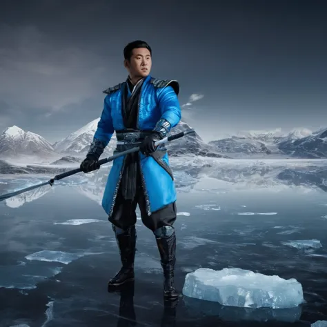 wide angle shot of an asian sub-zero bi-han man holding a spear made of ice and wearing a blue nija jacket with black details su...